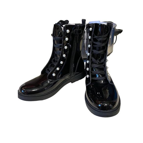 Geox Eclair Pearl Combat black Boots Italian faux Patent leather womens 39/ US 8 - Picture 2 of 10